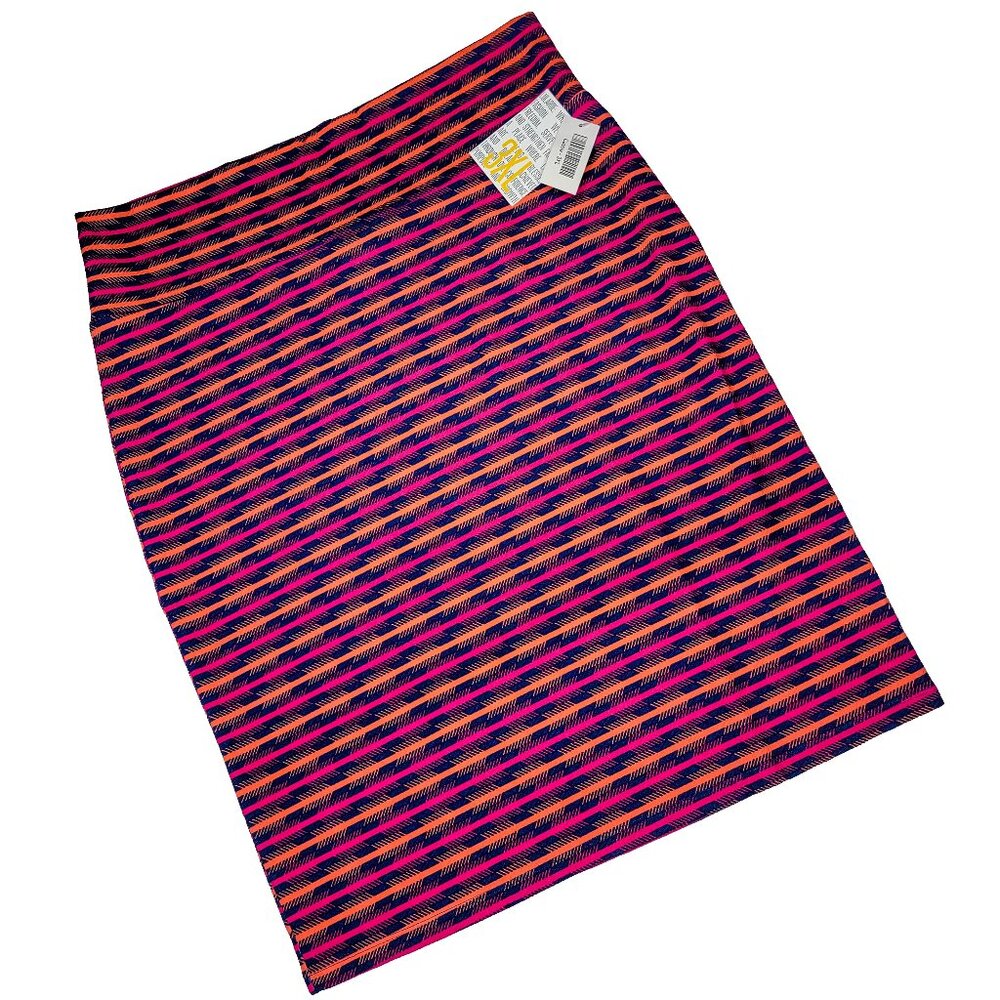 LuLaRoe Cassie Skirt 3XL Pink Orange Navy Arrow Stripe Bold Retro Fitted Pencil